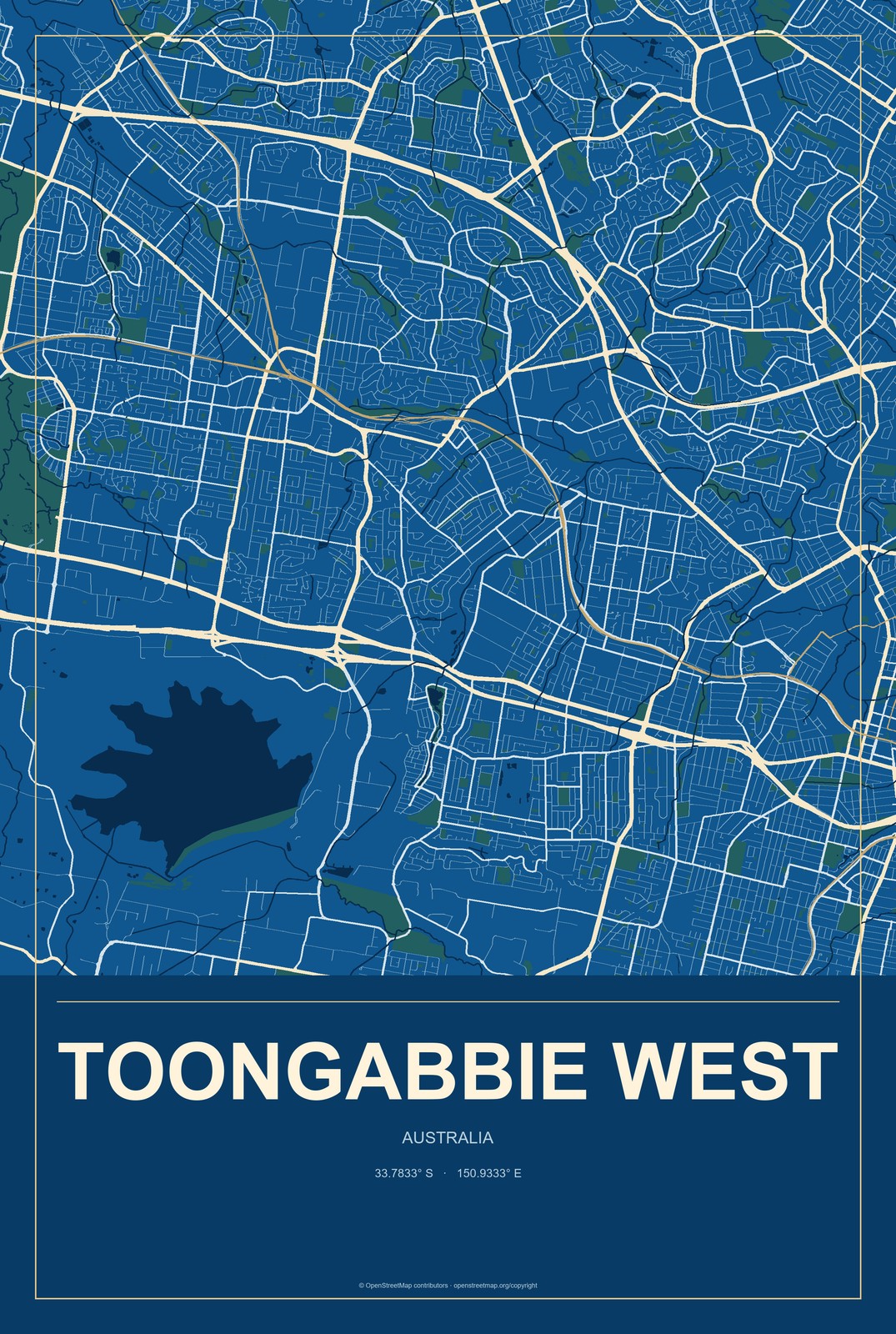 Toongabbie West, Australia City Map Aluminum Sign in Harbor Cobalt style