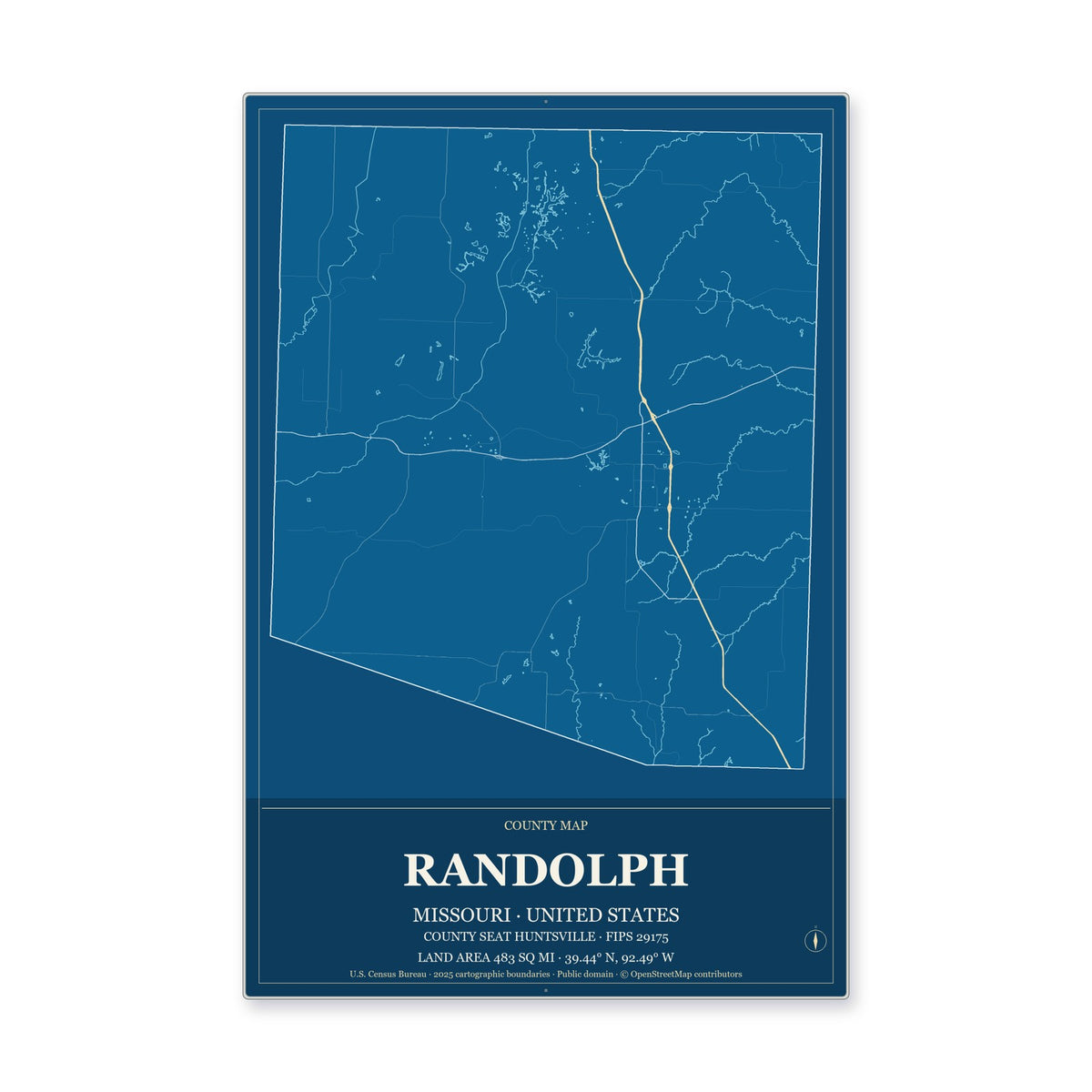 Randolph County, Missouri Map Aluminum Sign in Harbor Cobalt style