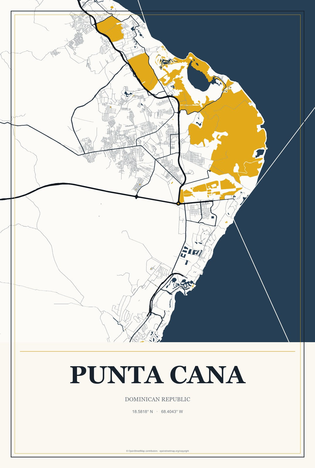 Punta Cana, Dominican Republic City Map Aluminum Sign in Citrine Modern style