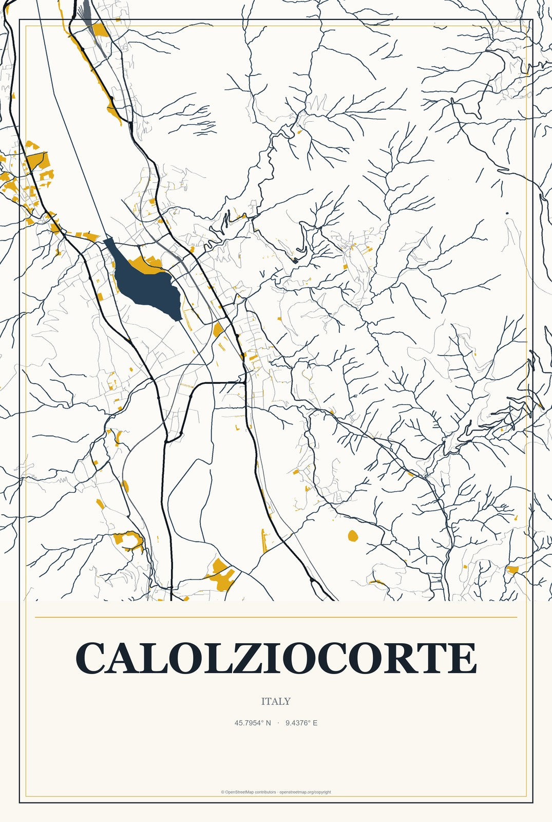 Calolziocorte, Italy City Map Aluminum Sign in Citrine Modern style