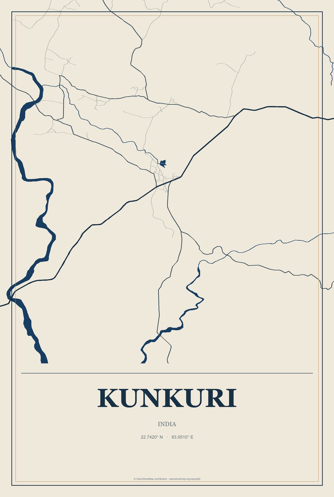 Kunkuri, India City Map Aluminum Sign in Coastal Cutout style