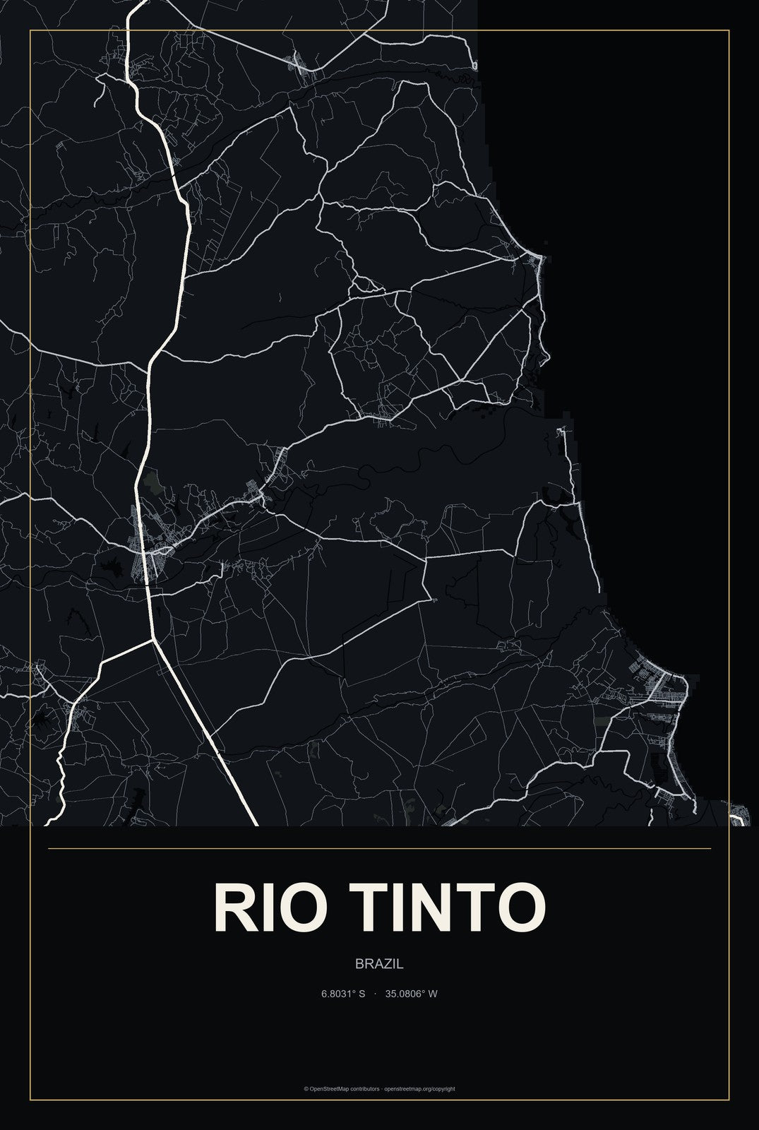 Rio Tinto, Brazil City Map Aluminum Sign in Metropolitan Noir style