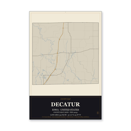 Decatur County, Iowa Map Aluminum Sign in Museum Plaque style