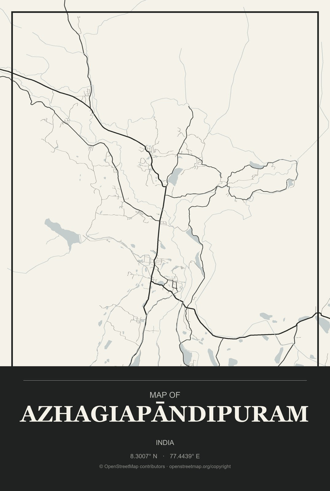Azhagiapāndipuram, India City Map Aluminum Sign in Museum Plaque style
