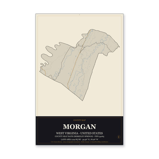 Morgan County, West Virginia Map Aluminum Sign in Museum Plaque style