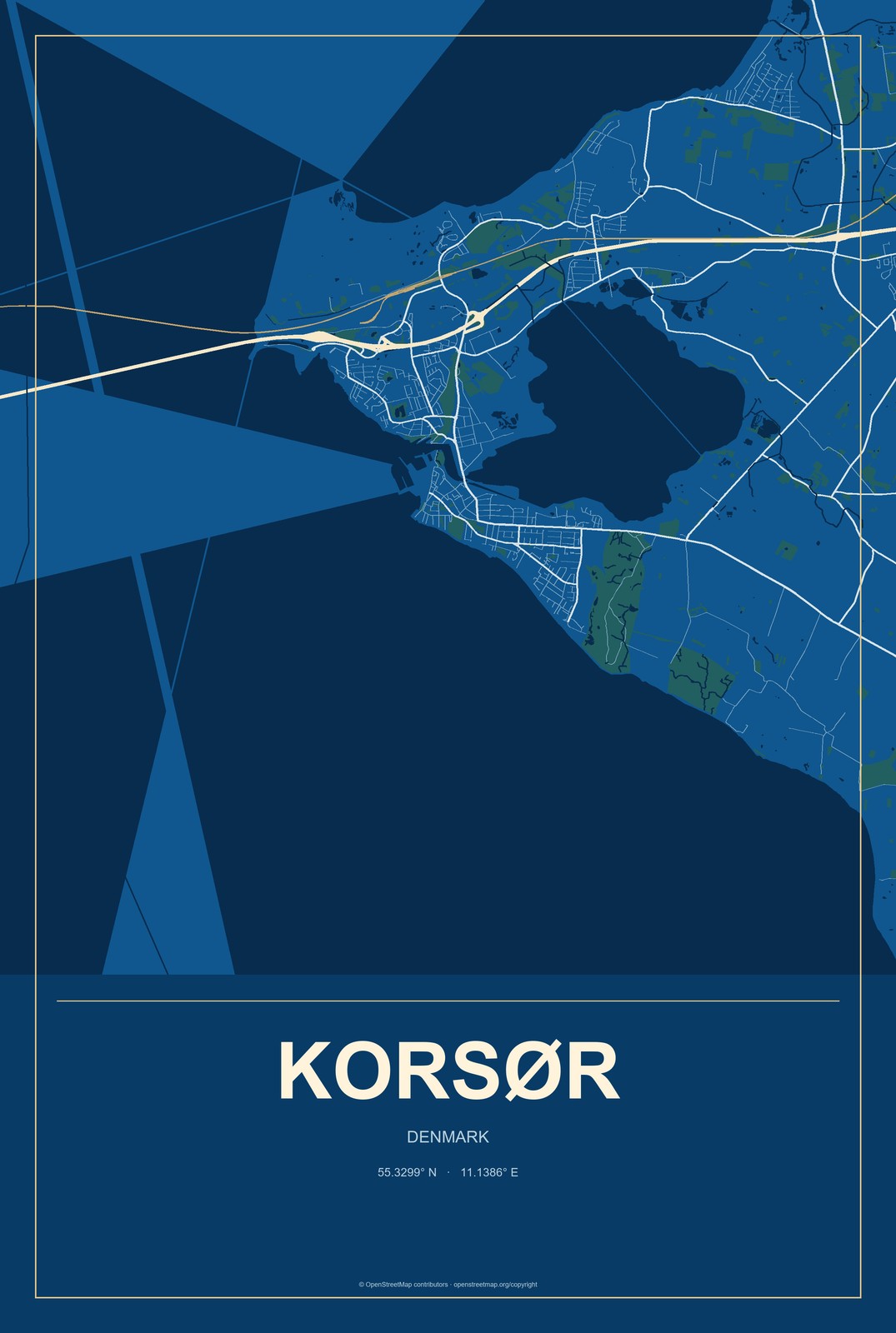 Korsør, Denmark City Map Aluminum Sign in Harbor Cobalt style