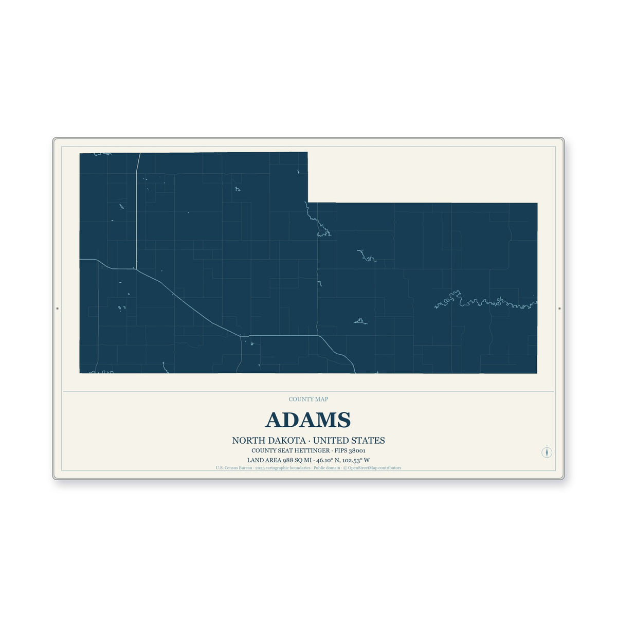 Adams County, North Dakota Map Aluminum Sign in Coastal Cutout style