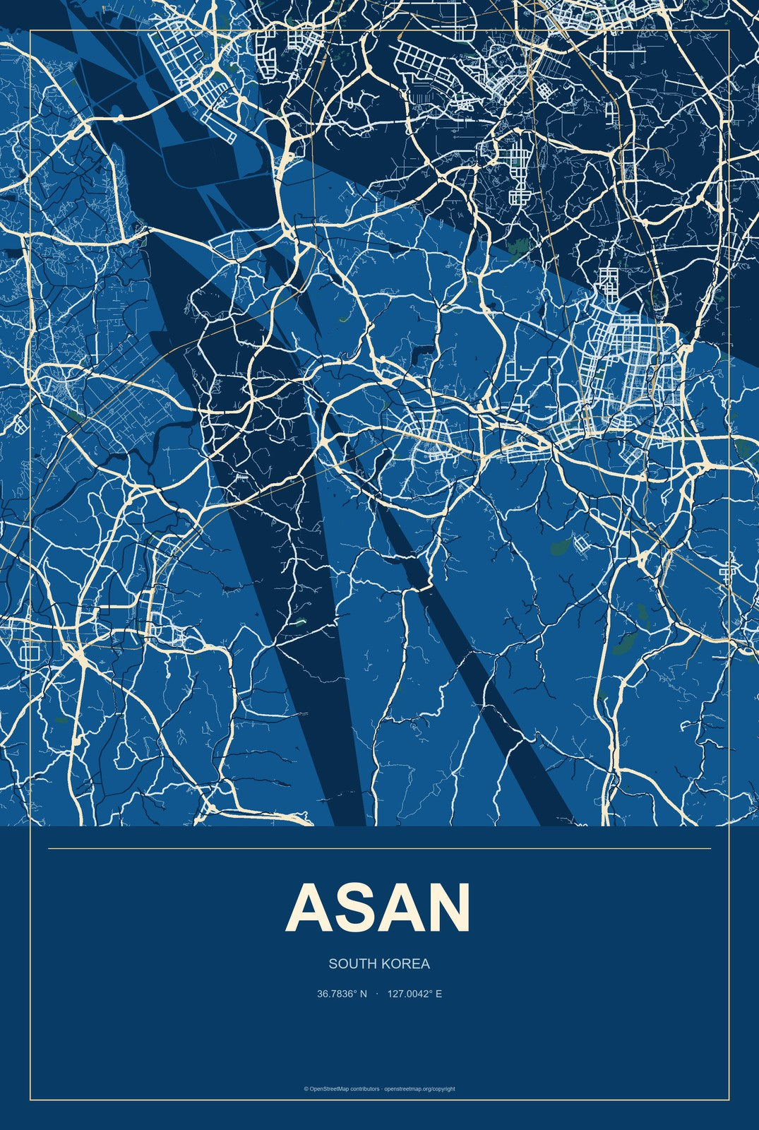 Asan, South Korea City Map Aluminum Sign in Harbor Cobalt style