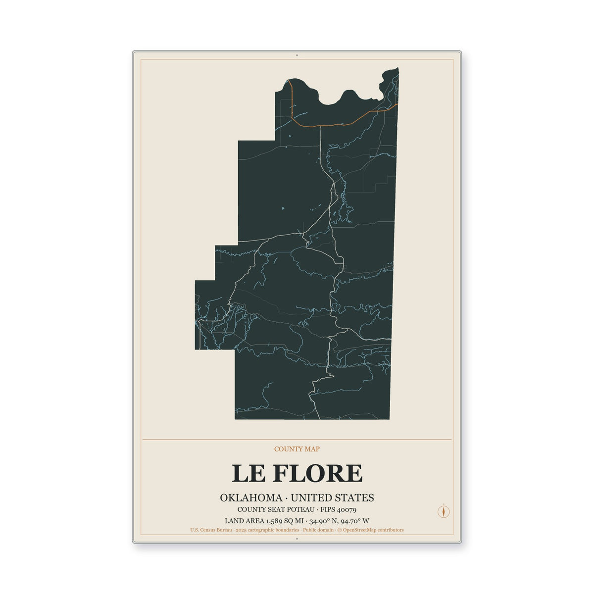 Le Flore County, Oklahoma Map Aluminum Sign in Headline Atlas style