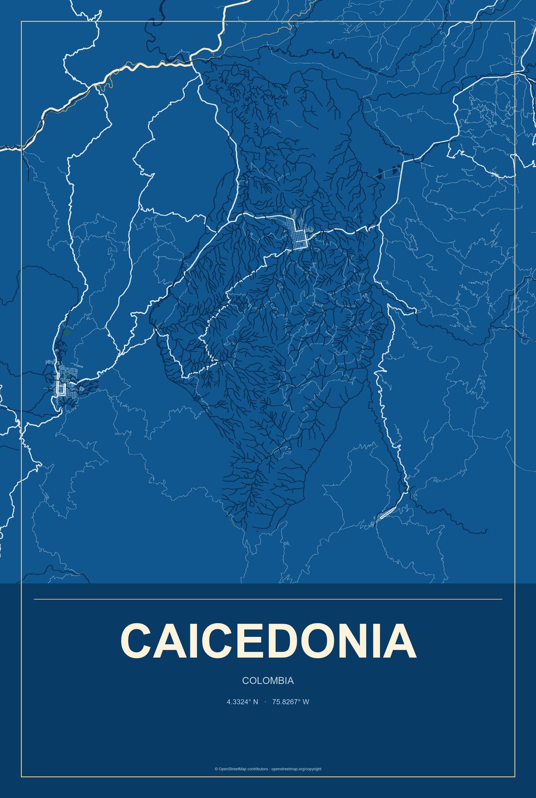 Caicedonia, Colombia City Map Aluminum Sign in Harbor Cobalt style