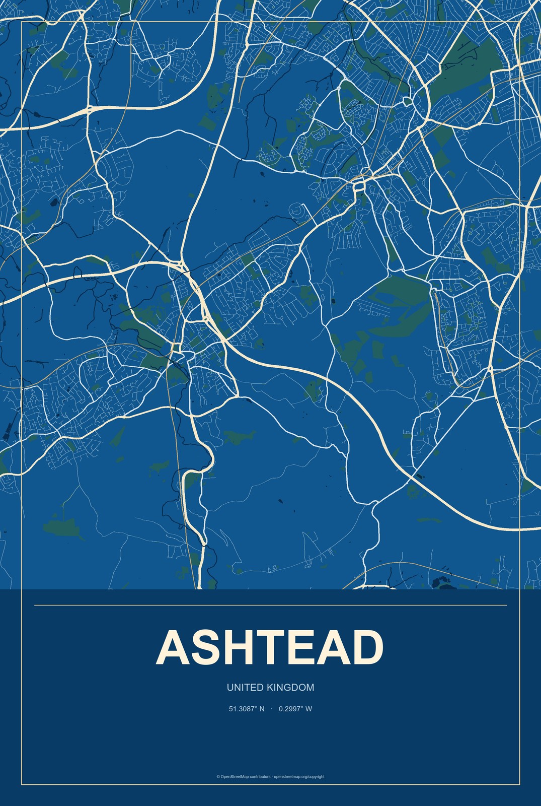 Ashtead, United Kingdom City Map Aluminum Sign in Harbor Cobalt style