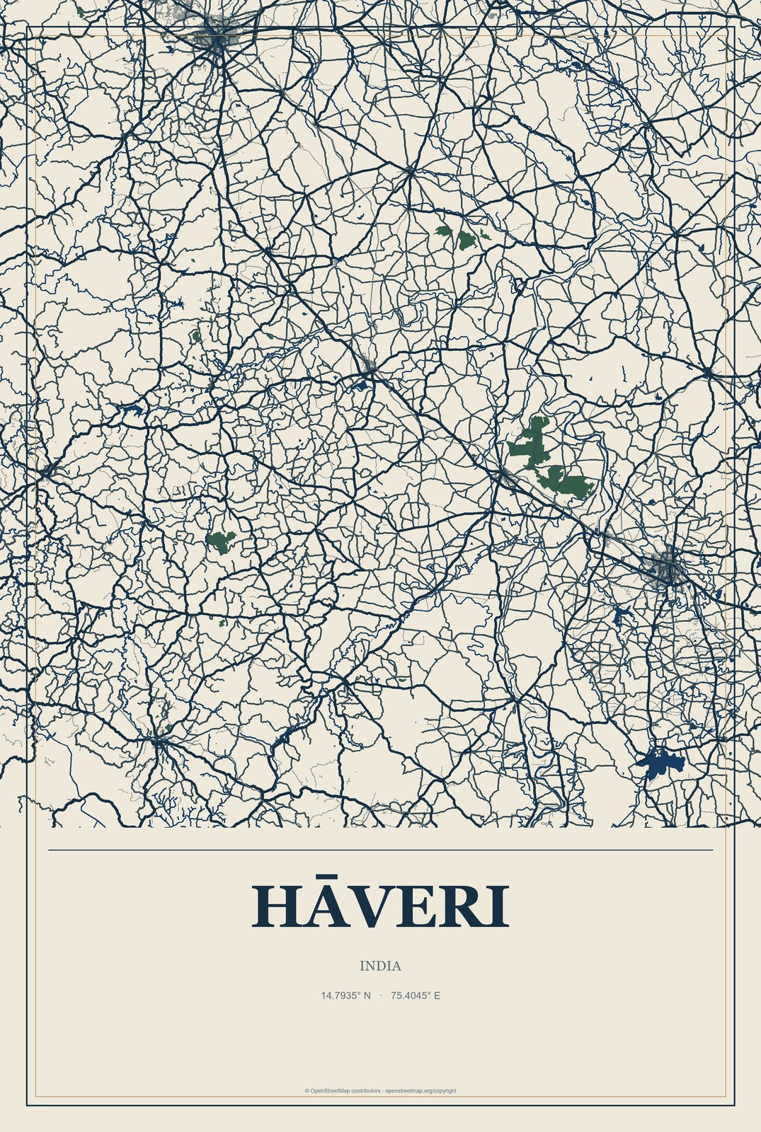 Hāveri, India City Map Aluminum Sign in Coastal Cutout style