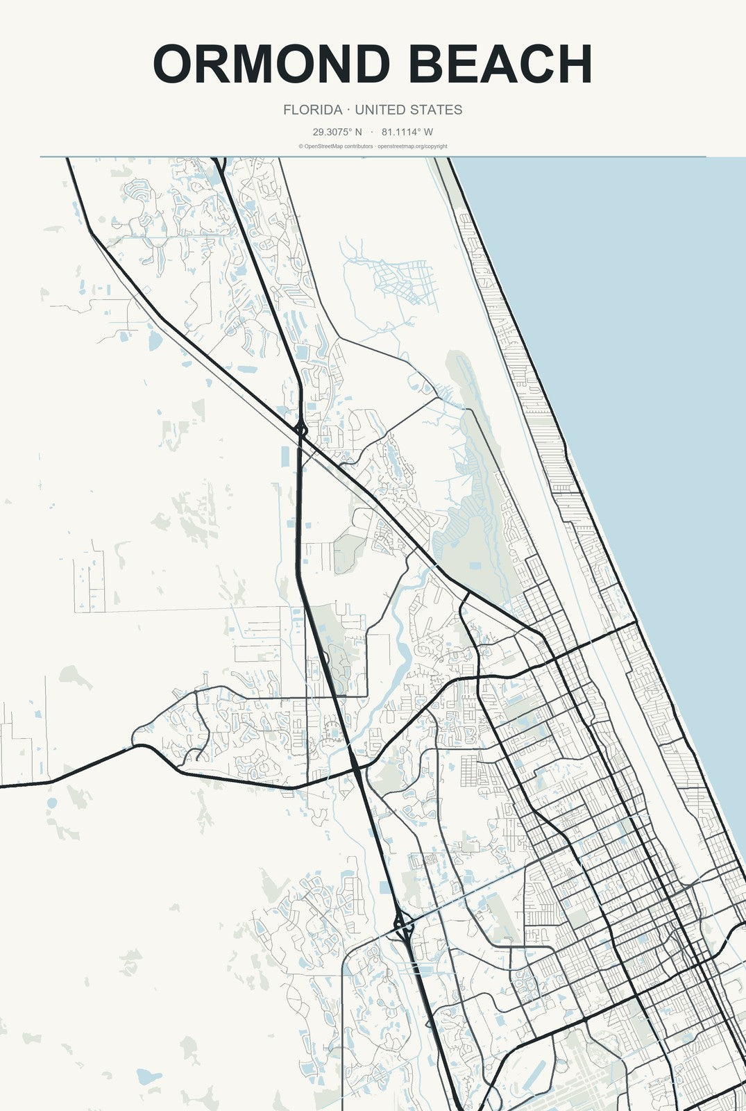 Ormond Beach, Florida City Map Aluminum Sign in Headline Atlas style
