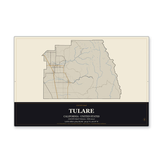 Tulare County, California Map Aluminum Sign in Museum Plaque style