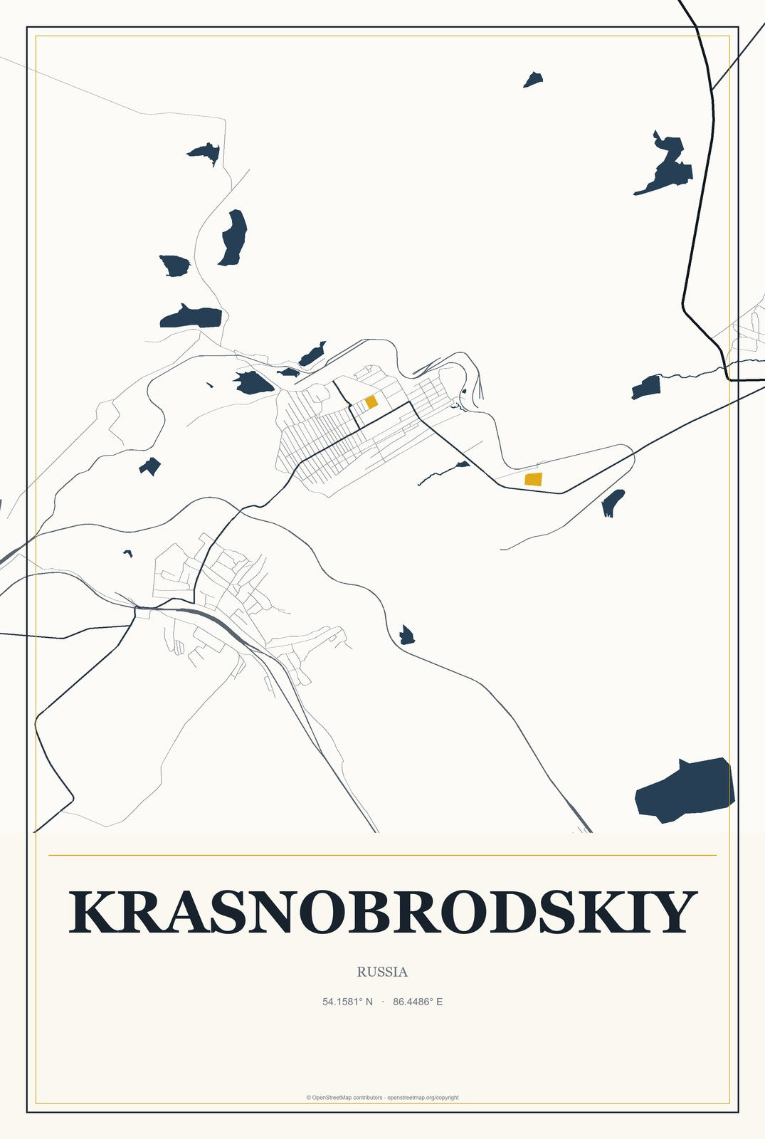 Krasnobrodskiy, Russia City Map Aluminum Sign in Citrine Modern style