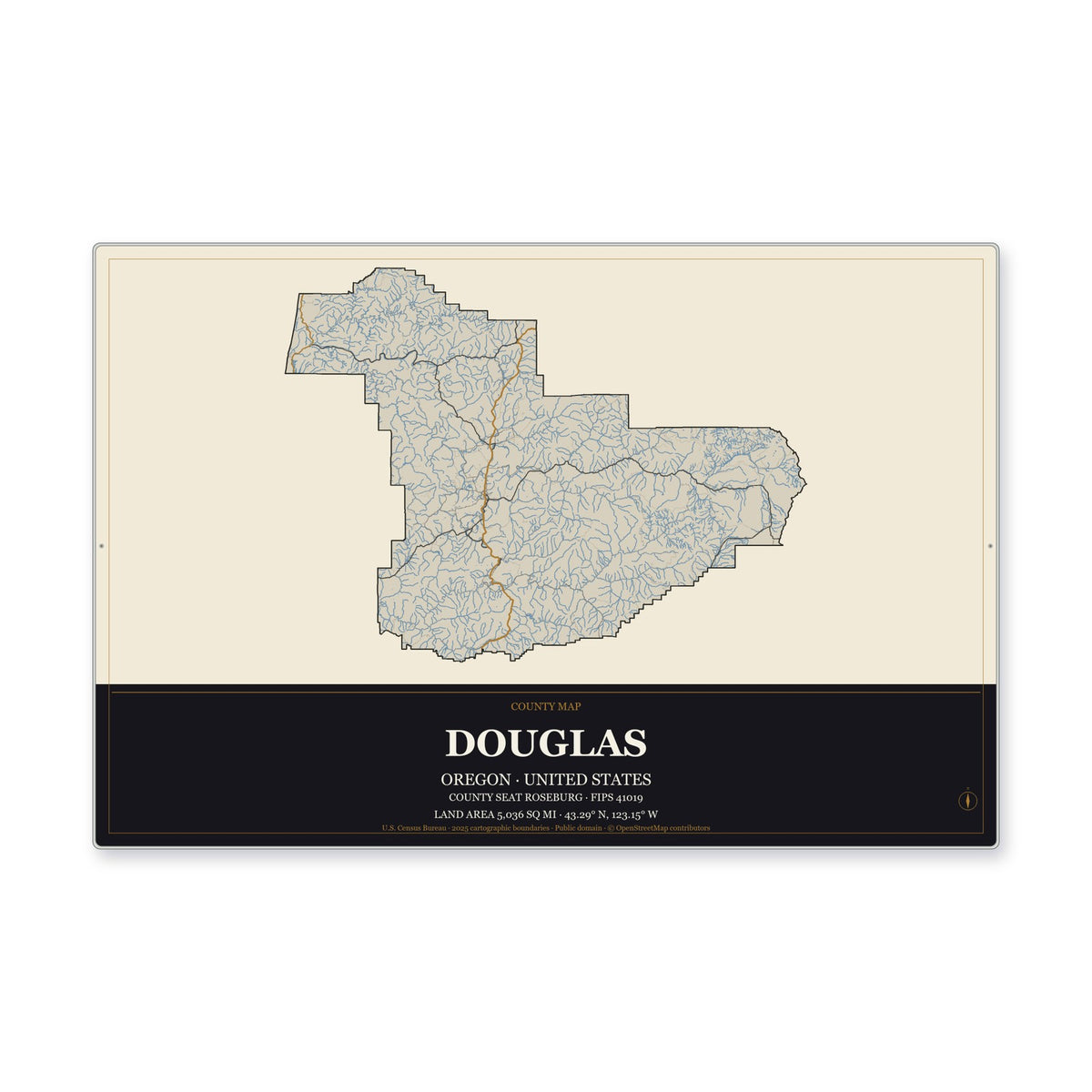 Douglas County, Oregon Map Aluminum Sign in Museum Plaque style