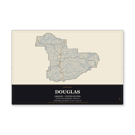 Douglas County, Oregon Map Aluminum Sign in Museum Plaque style