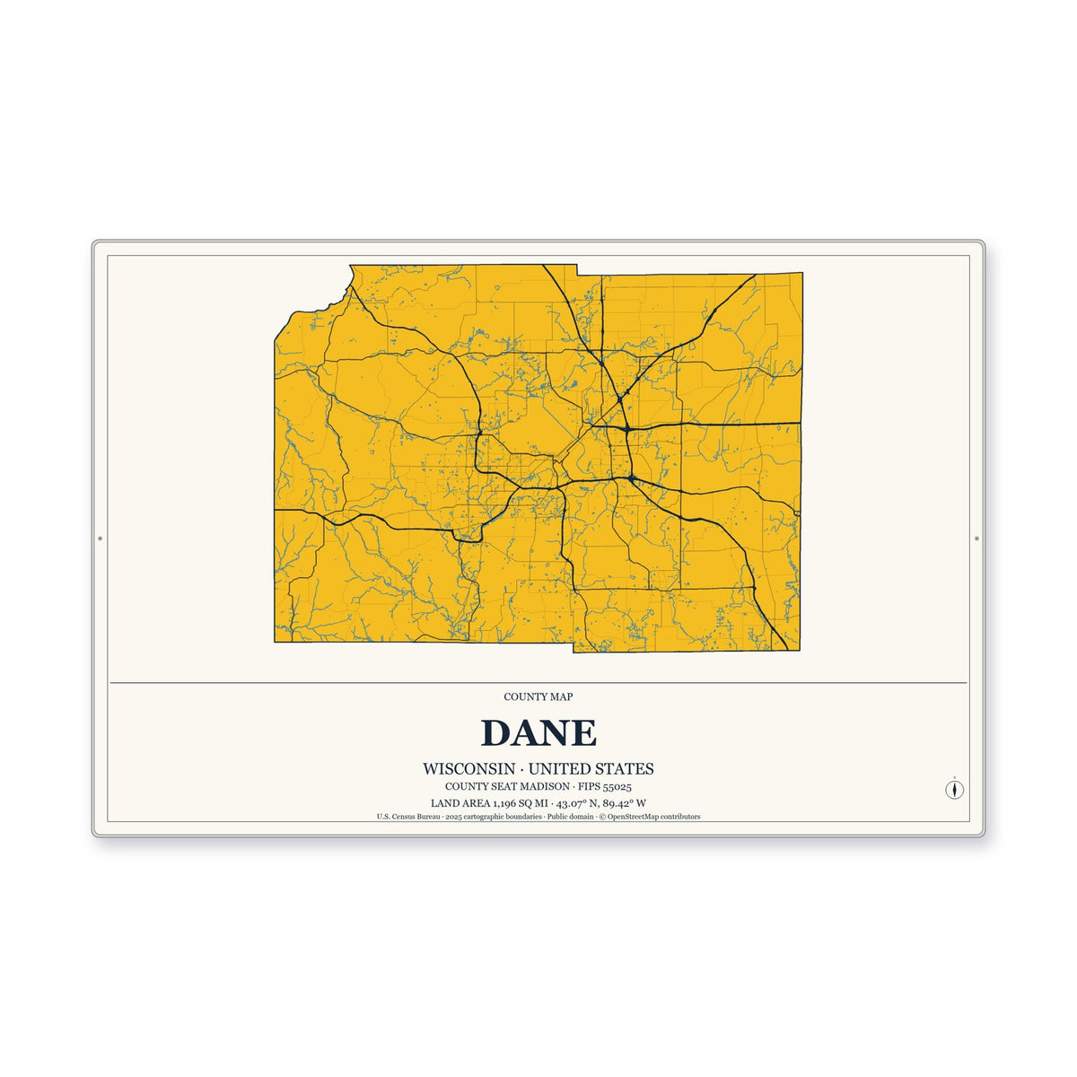 Dane County, Wisconsin Map Aluminum Sign in Citrine Modern style