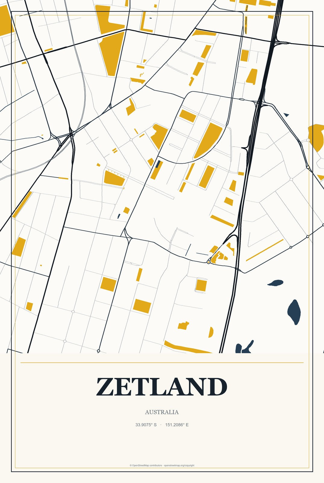 Zetland, Australia City Map Aluminum Sign in Citrine Modern style