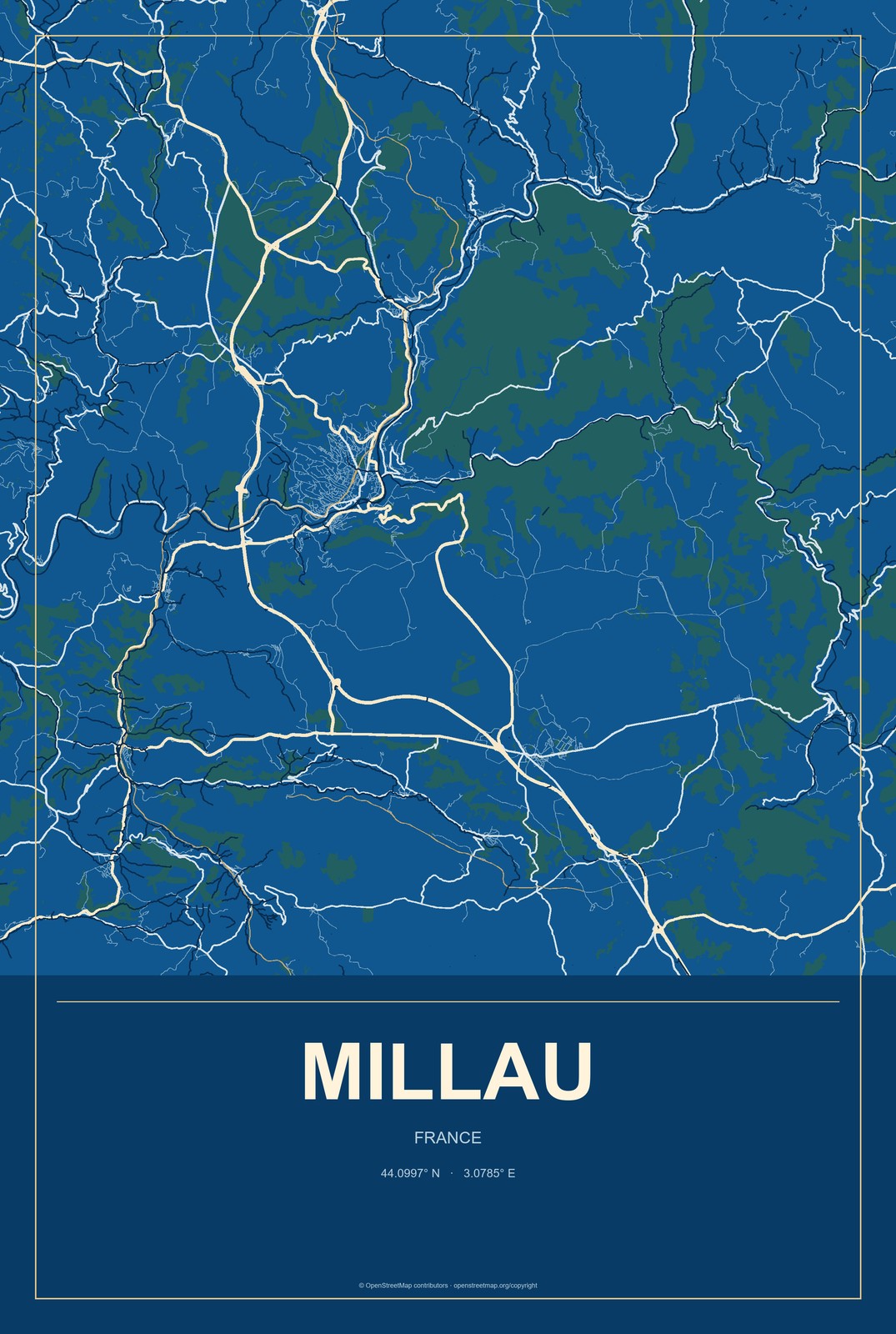 Millau, France City Map Aluminum Sign in Harbor Cobalt style