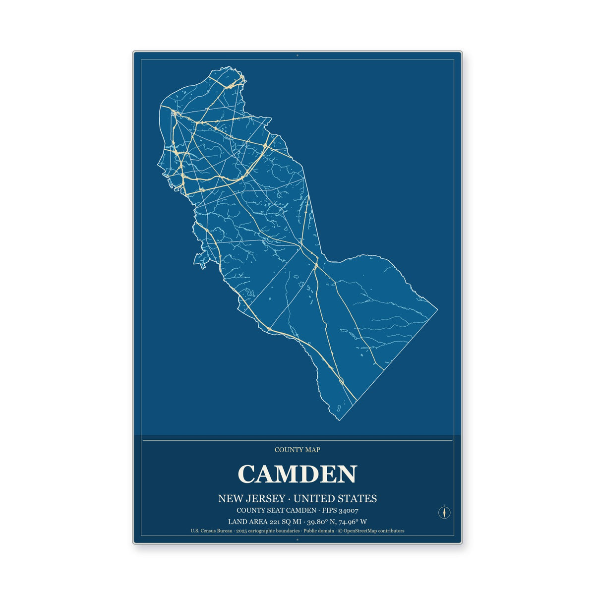 Camden County, New Jersey Map Aluminum Sign in Harbor Cobalt style