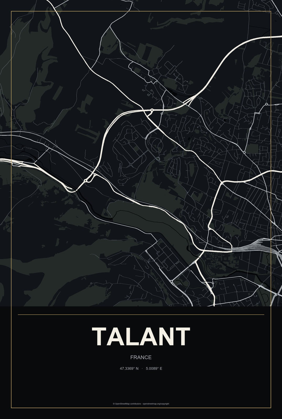 Talant, France City Map Aluminum Sign in Metropolitan Noir style