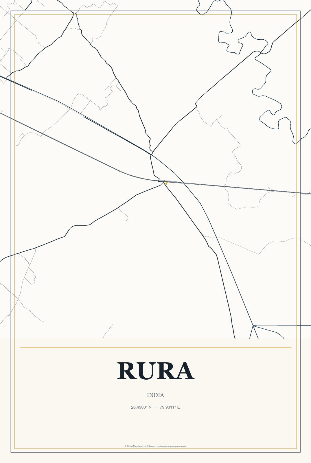 Rura, India City Map Aluminum Sign in Citrine Modern style