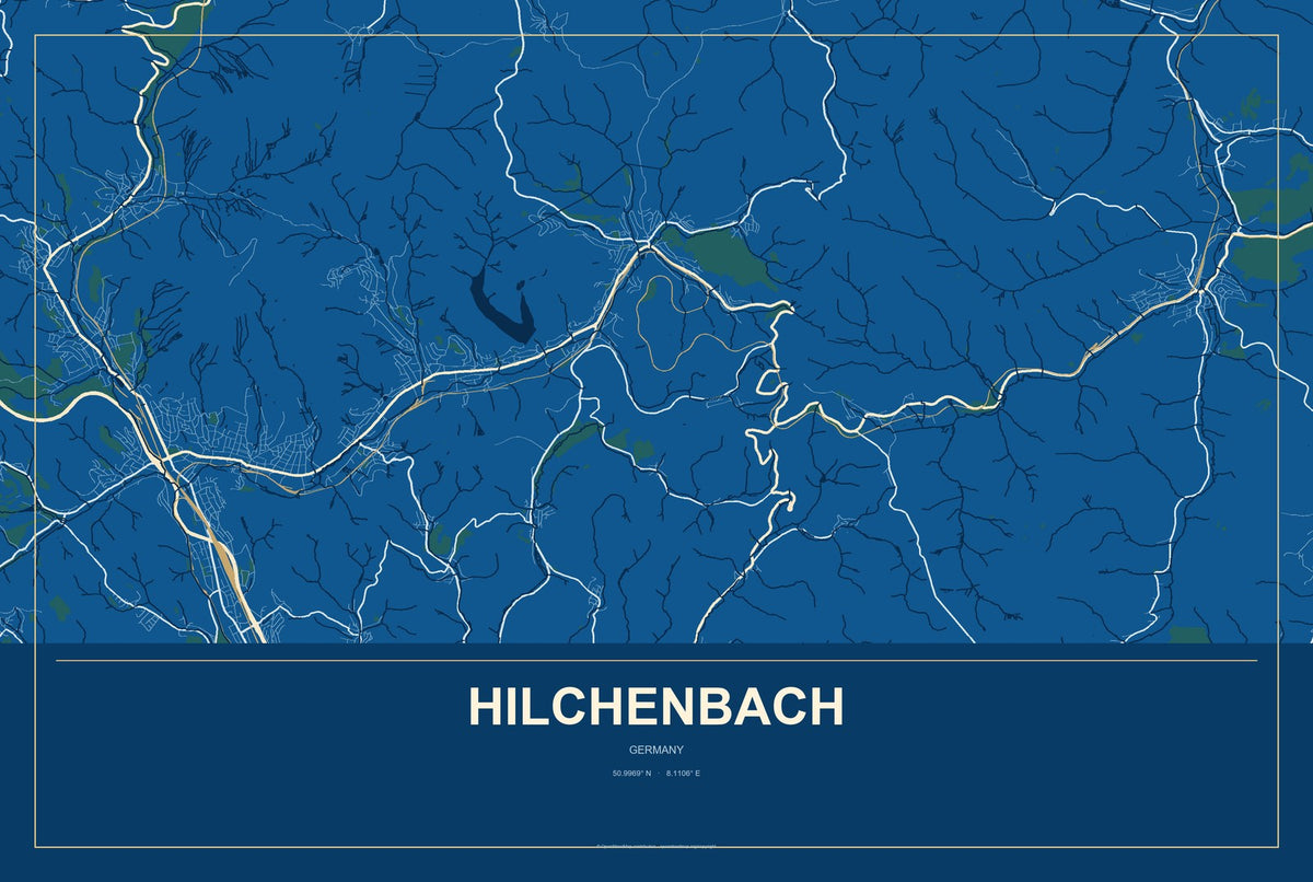 Hilchenbach, Germany City Map Aluminum Sign in Harbor Cobalt style