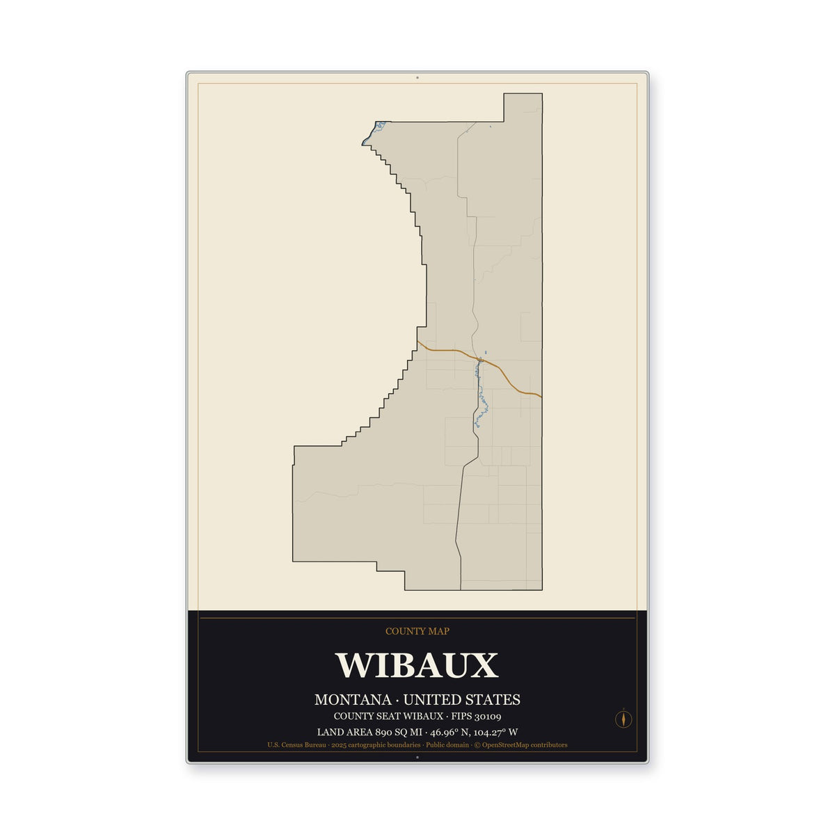 Wibaux County, Montana Map Aluminum Sign in Museum Plaque style