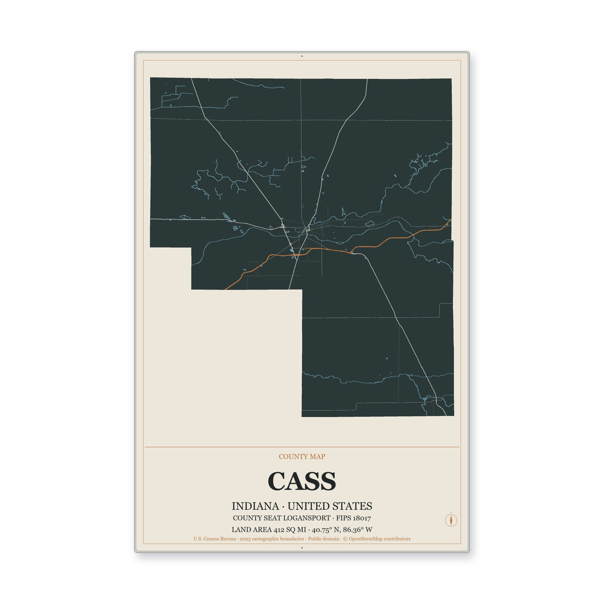 Cass County, Indiana Map Aluminum Sign in Headline Atlas style
