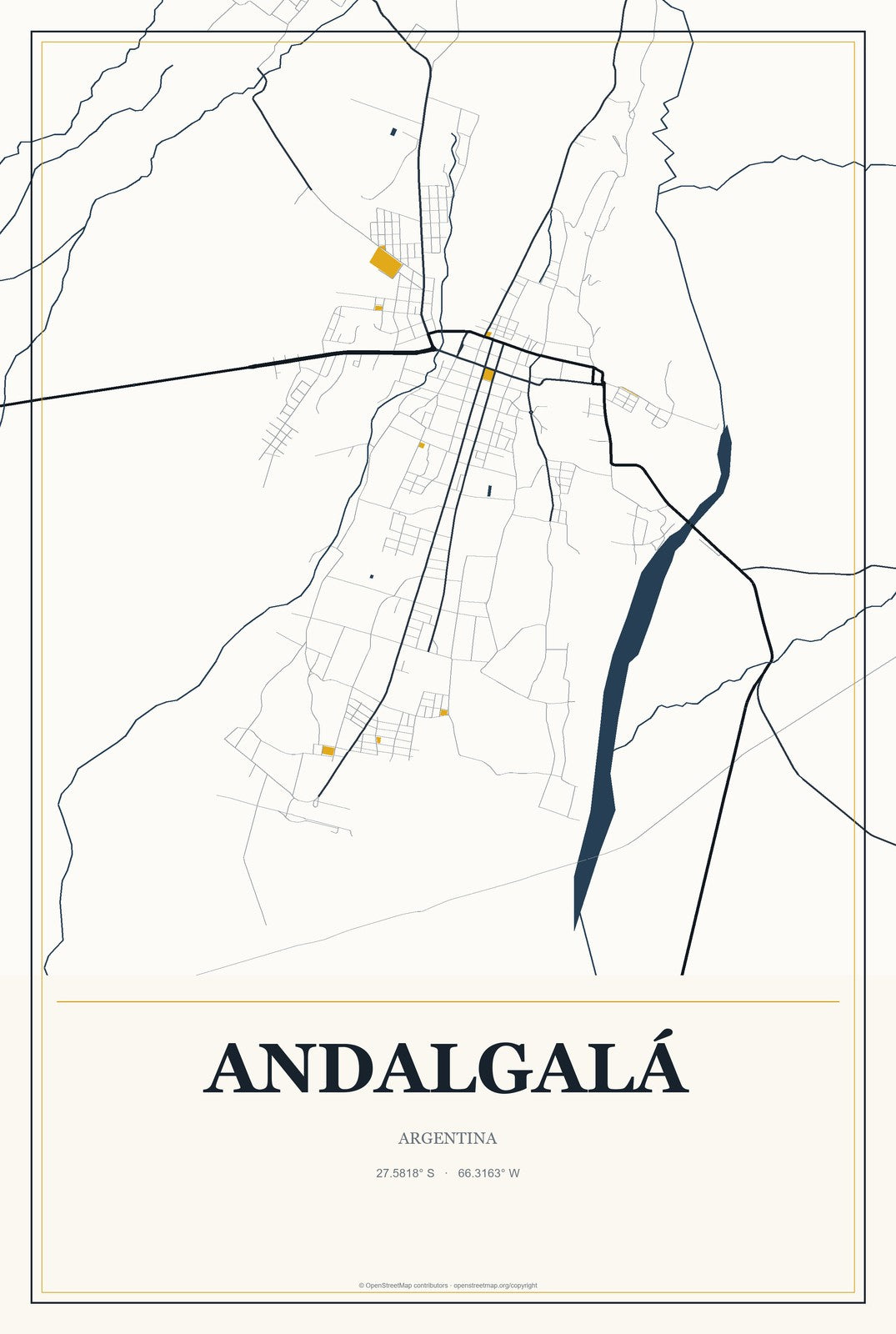 Andalgalá, Argentina City Map Aluminum Sign in Citrine Modern style