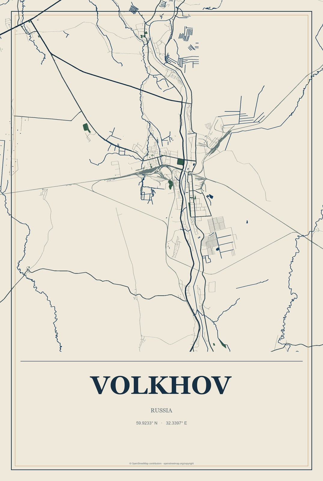 Volkhov, Russia City Map Aluminum Sign in Coastal Cutout style
