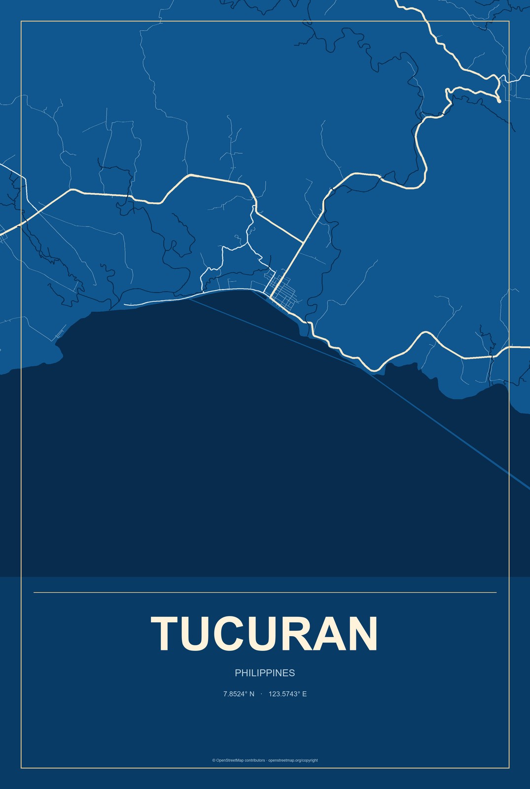 Tucuran, Philippines City Map Aluminum Sign in Harbor Cobalt style