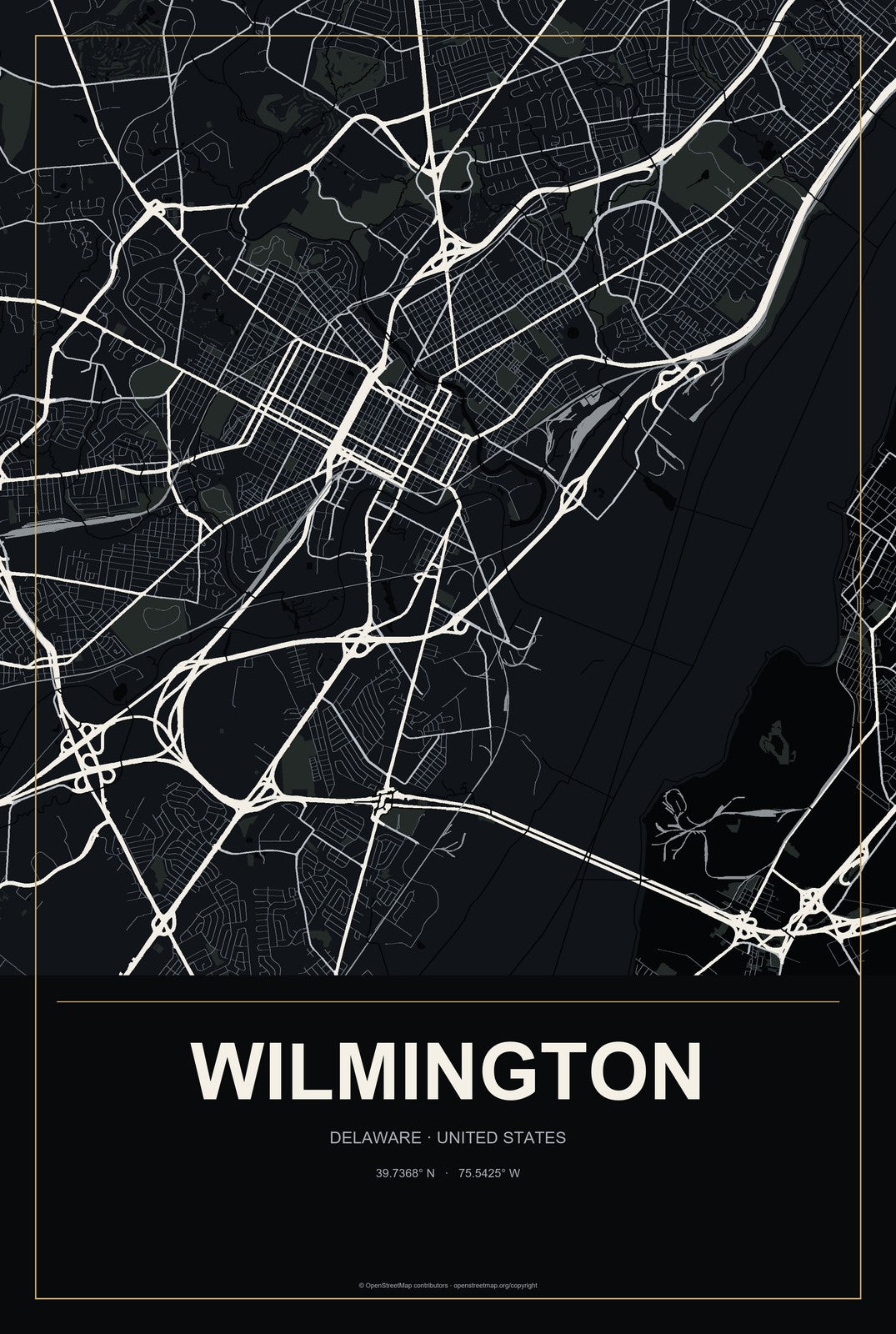 Wilmington, Delaware City Map Aluminum Sign in Metropolitan Noir style