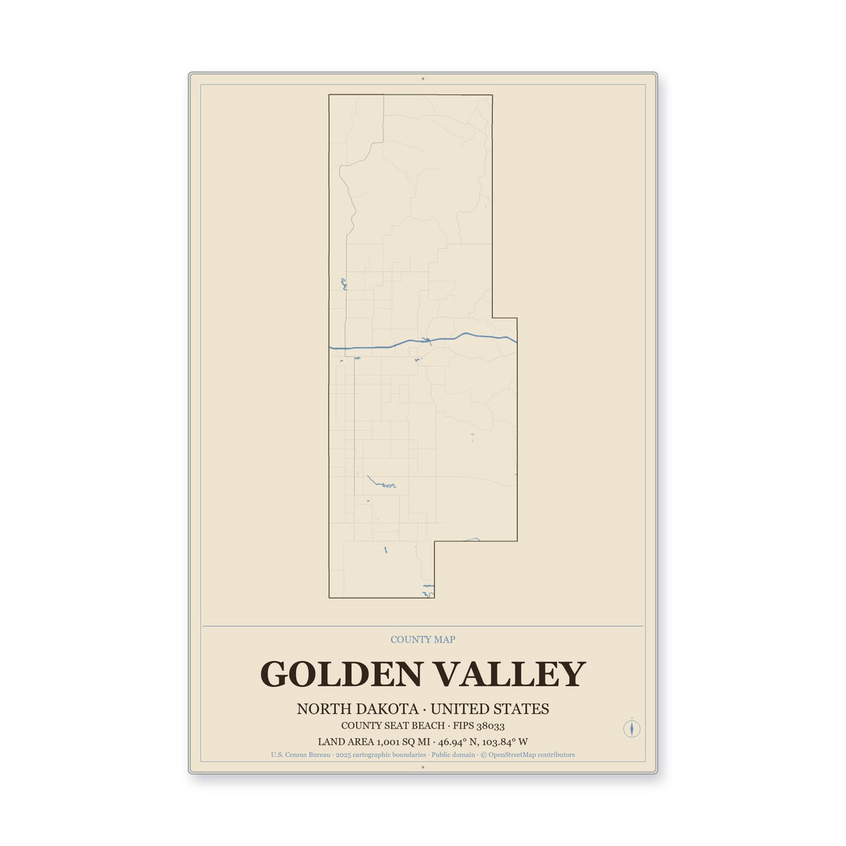 Golden Valley County, North Dakota Map Aluminum Sign in Heritage Nautical style
