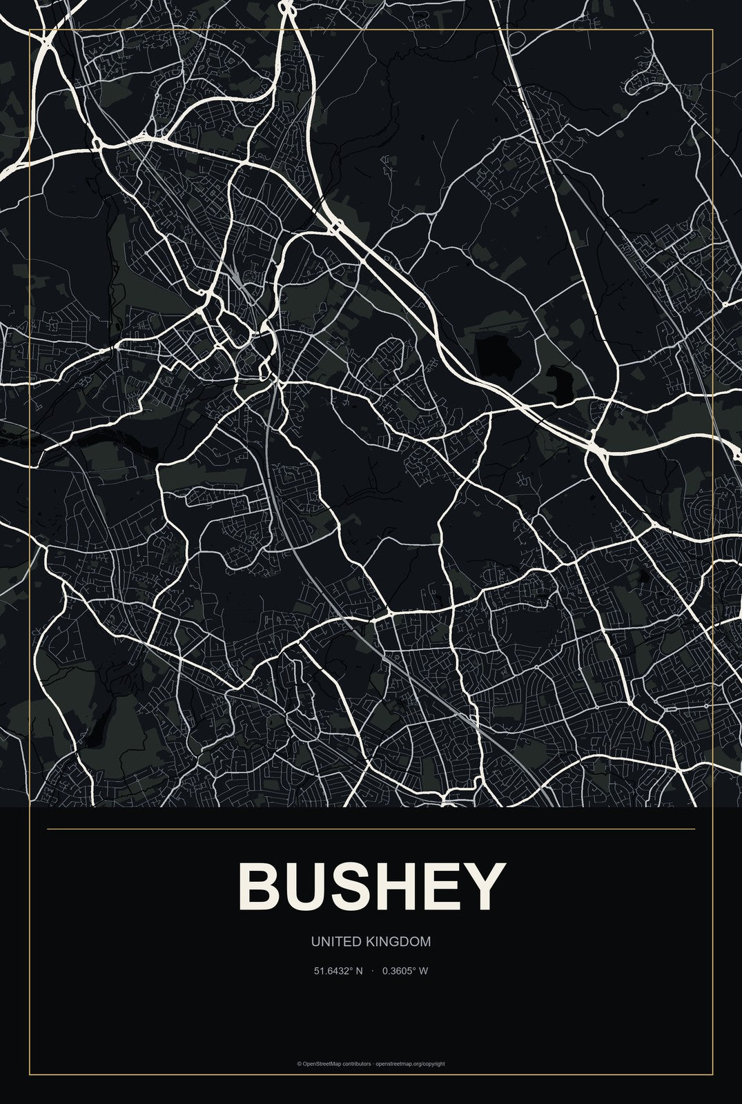 Bushey, United Kingdom City Map Aluminum Sign in Metropolitan Noir style