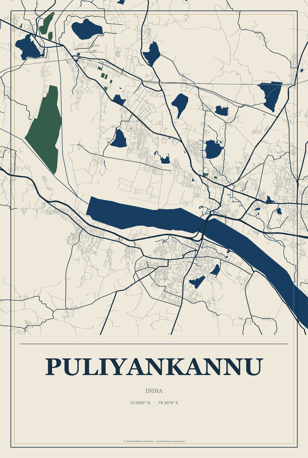 Puliyankannu, India City Map Aluminum Sign in Coastal Cutout style