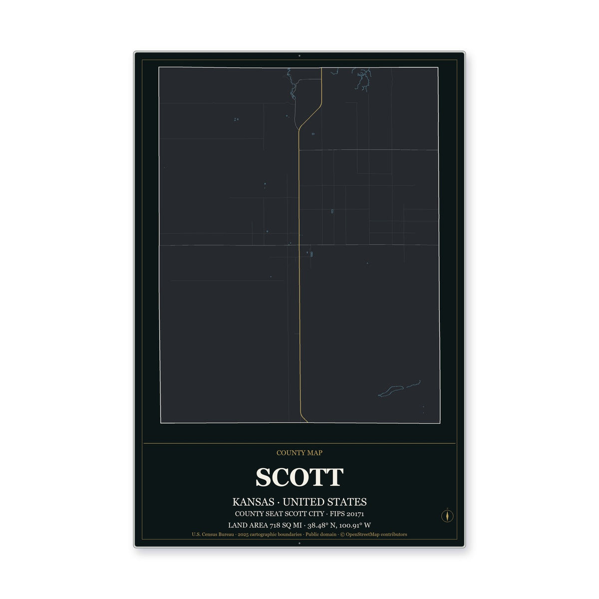 Scott County, Kansas Map Aluminum Sign in Metropolitan Noir style