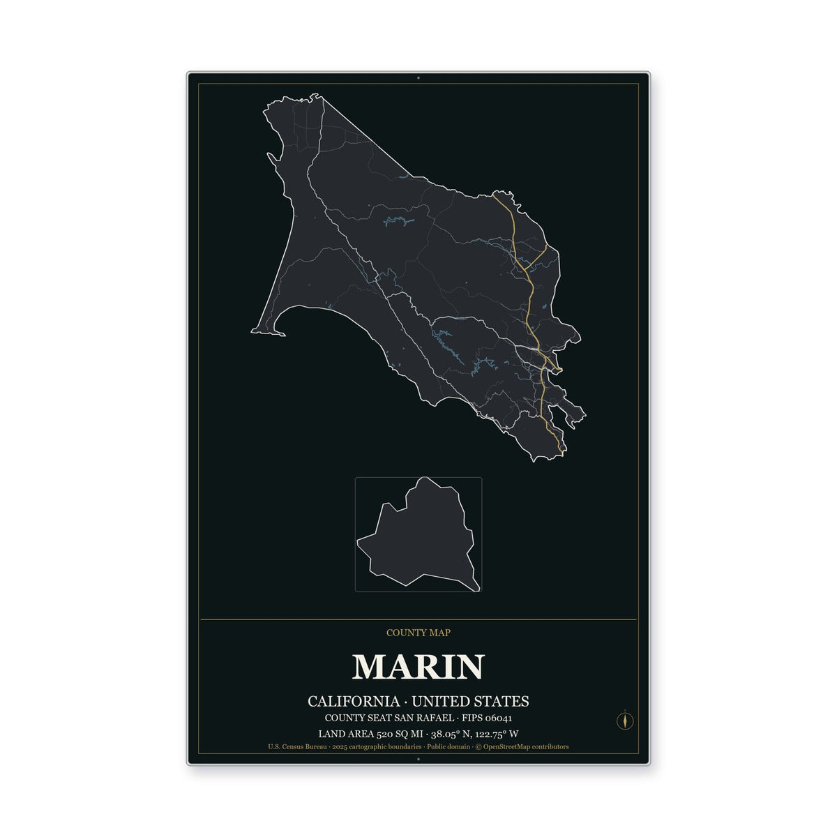 Marin County, California Map Aluminum Sign in Metropolitan Noir style