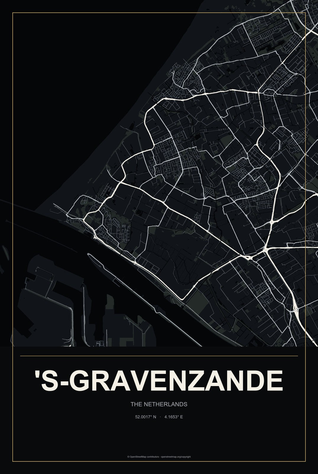 's-Gravenzande, The Netherlands City Map Aluminum Sign in Metropolitan Noir style