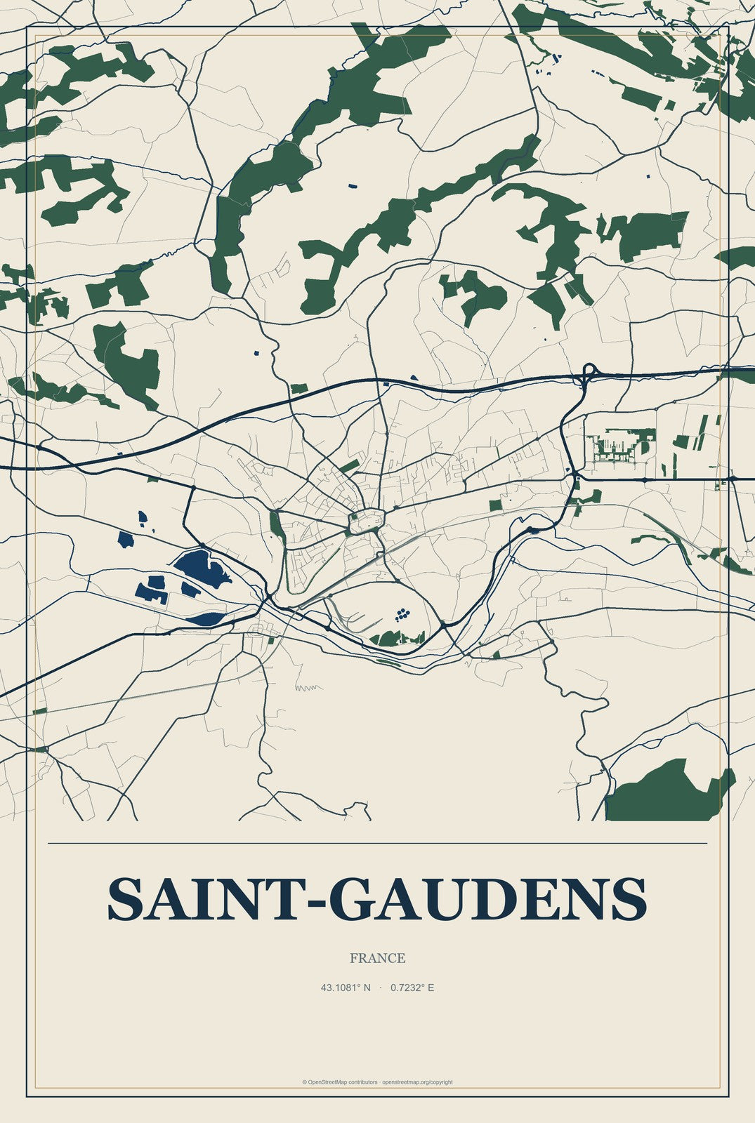 Saint-Gaudens, France City Map Aluminum Sign in Coastal Cutout style