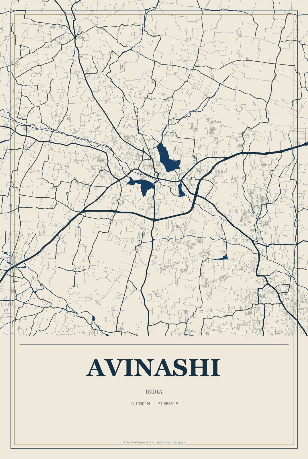 Avinashi, India City Map Aluminum Sign in Coastal Cutout style