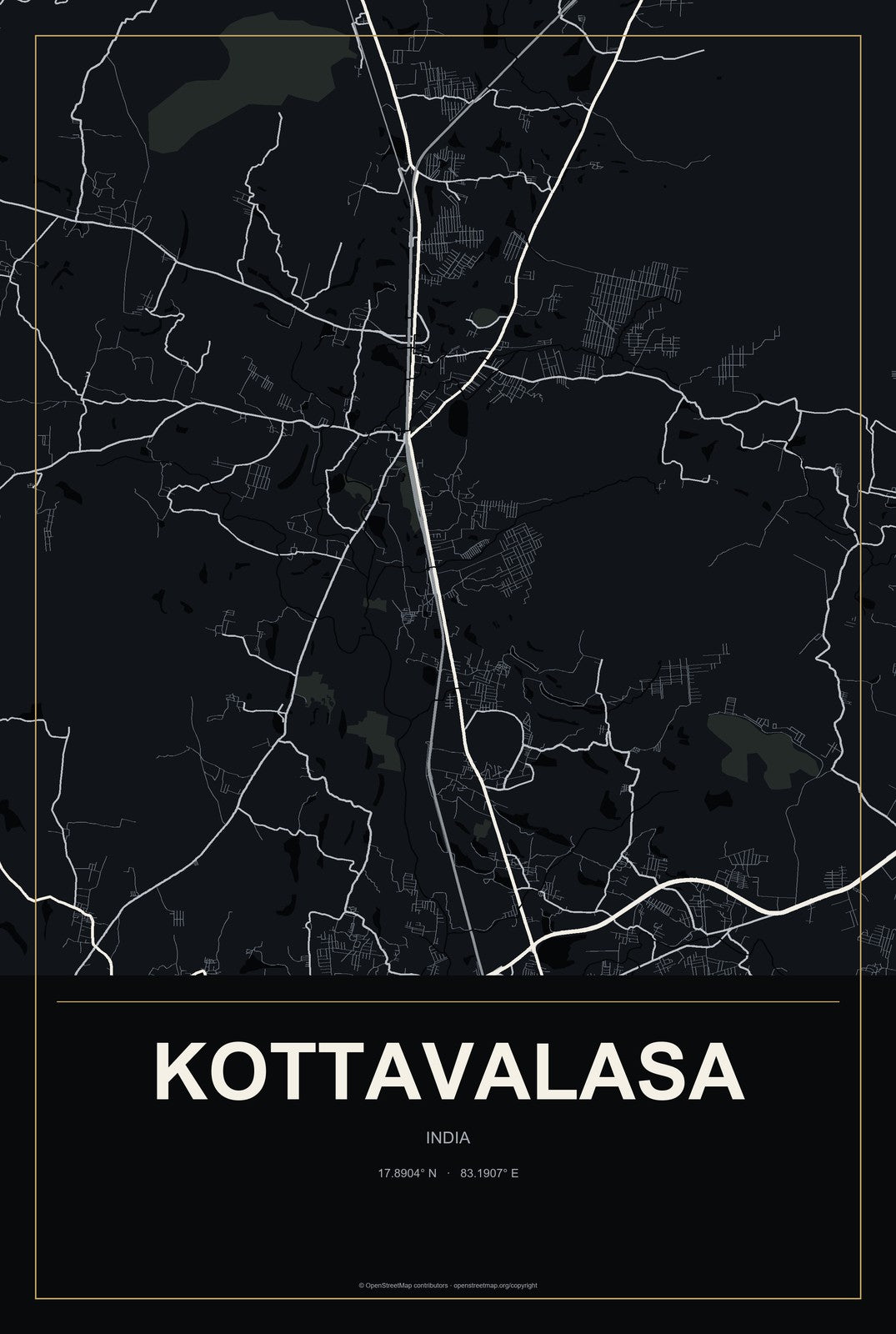 Kottavalasa, India City Map Aluminum Sign in Metropolitan Noir style