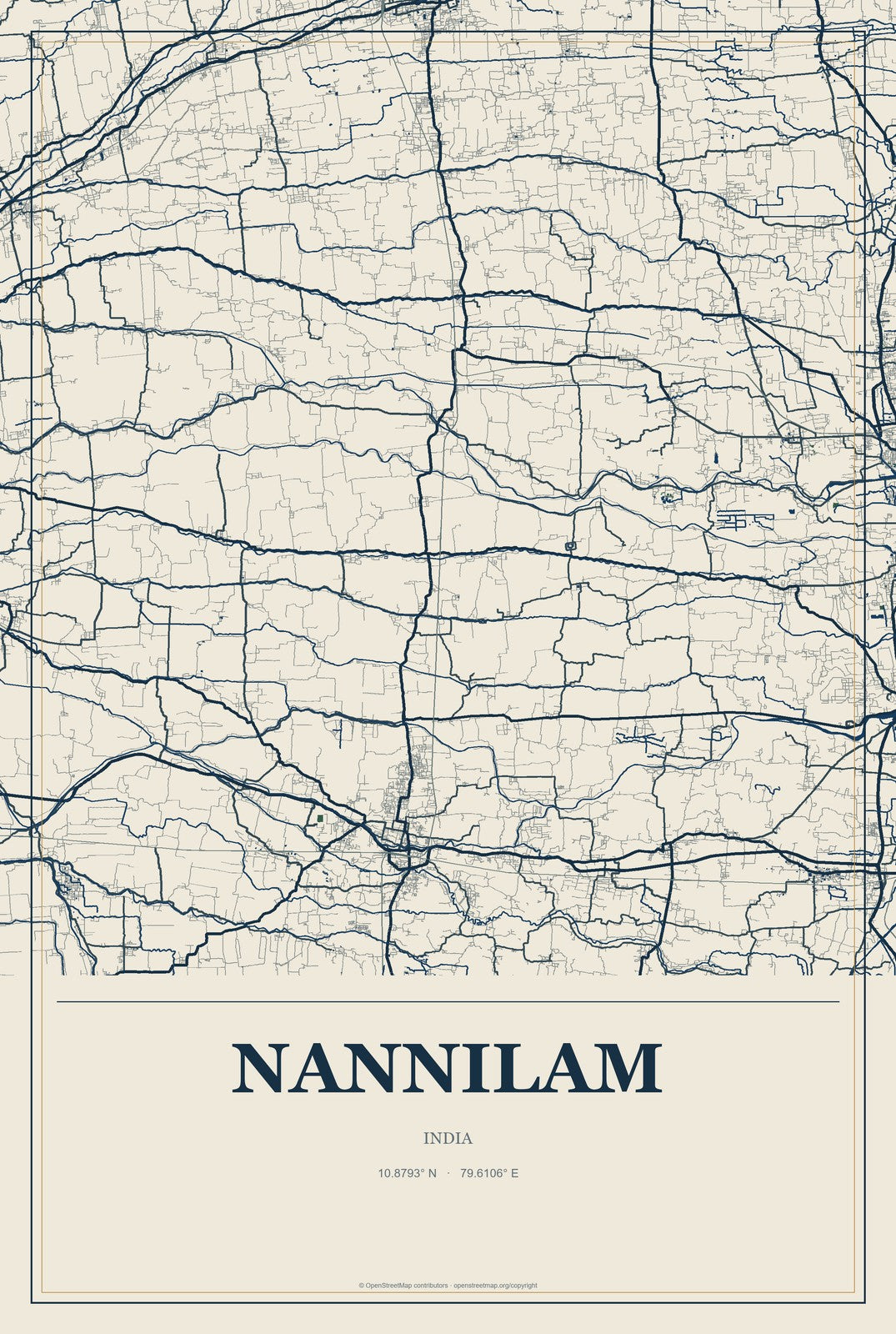 Nannilam, India City Map Aluminum Sign in Coastal Cutout style
