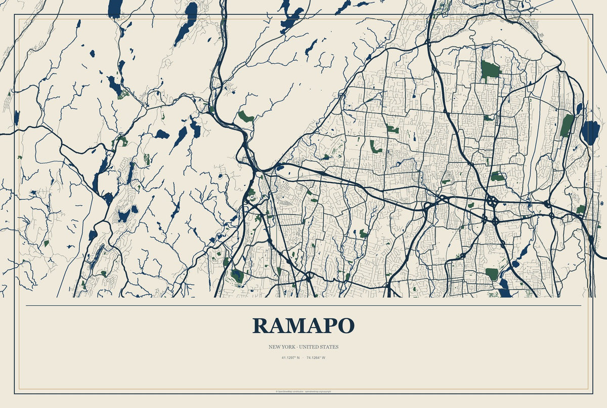 Ramapo, New York City Map Aluminum Sign in Coastal Cutout style