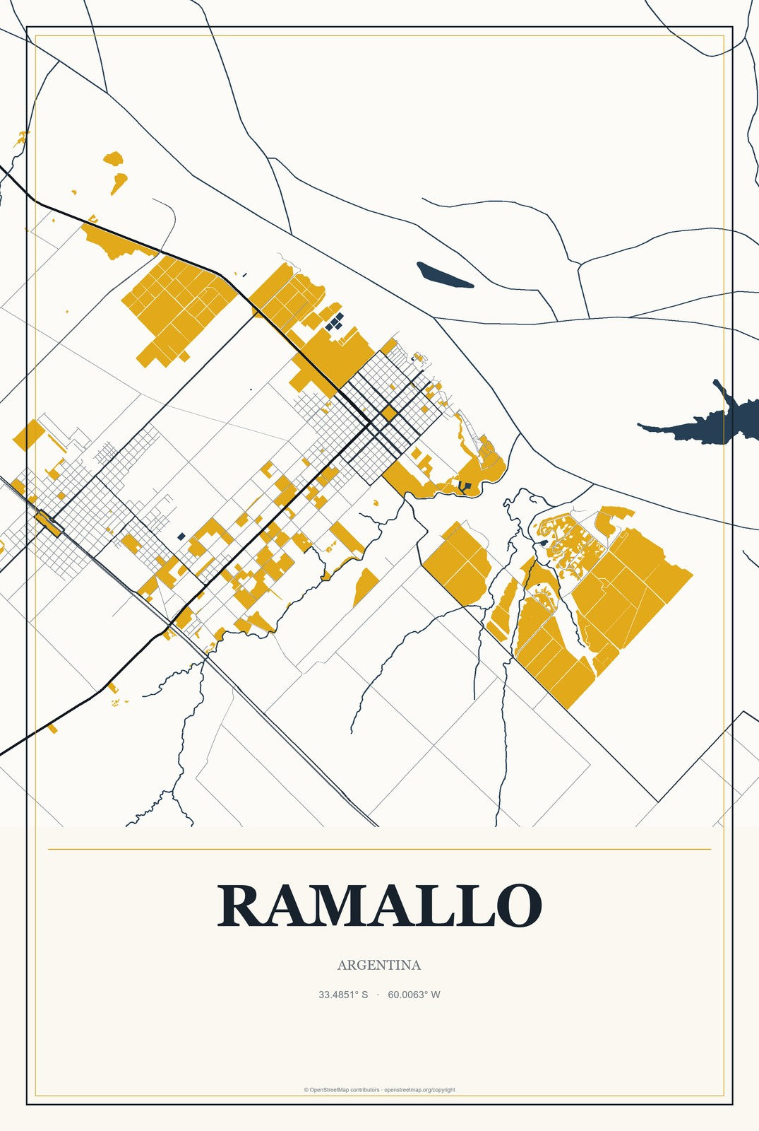 Ramallo, Argentina City Map Aluminum Sign in Citrine Modern style