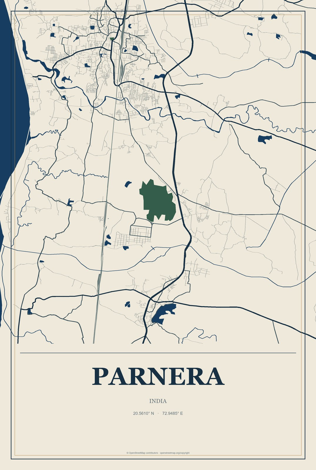 Parnera, India City Map Aluminum Sign in Coastal Cutout style