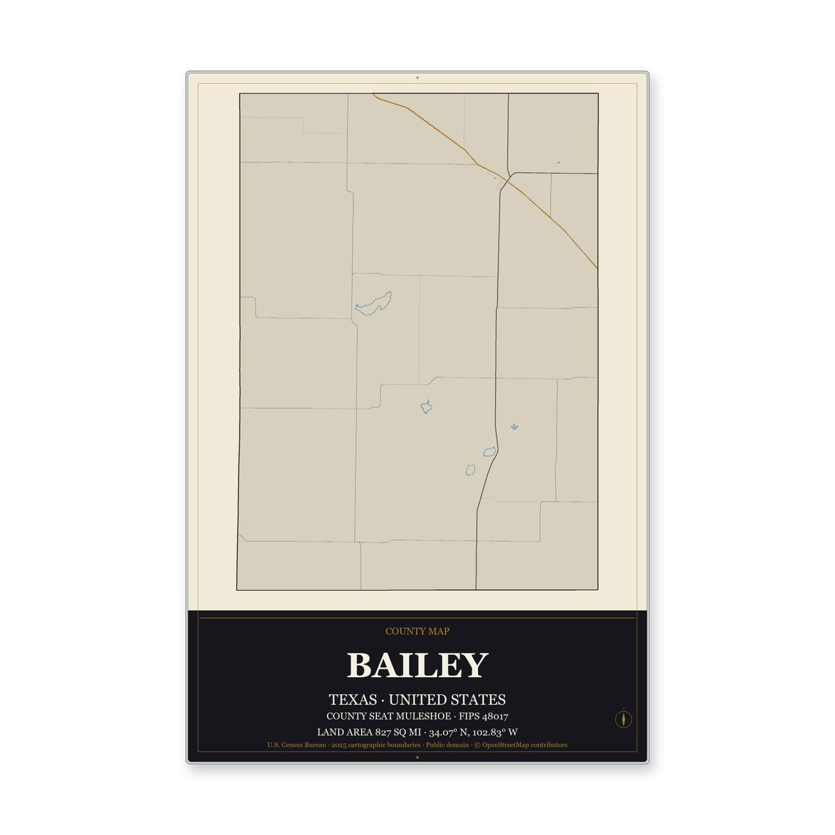 Bailey County, Texas Map Aluminum Sign in Museum Plaque style