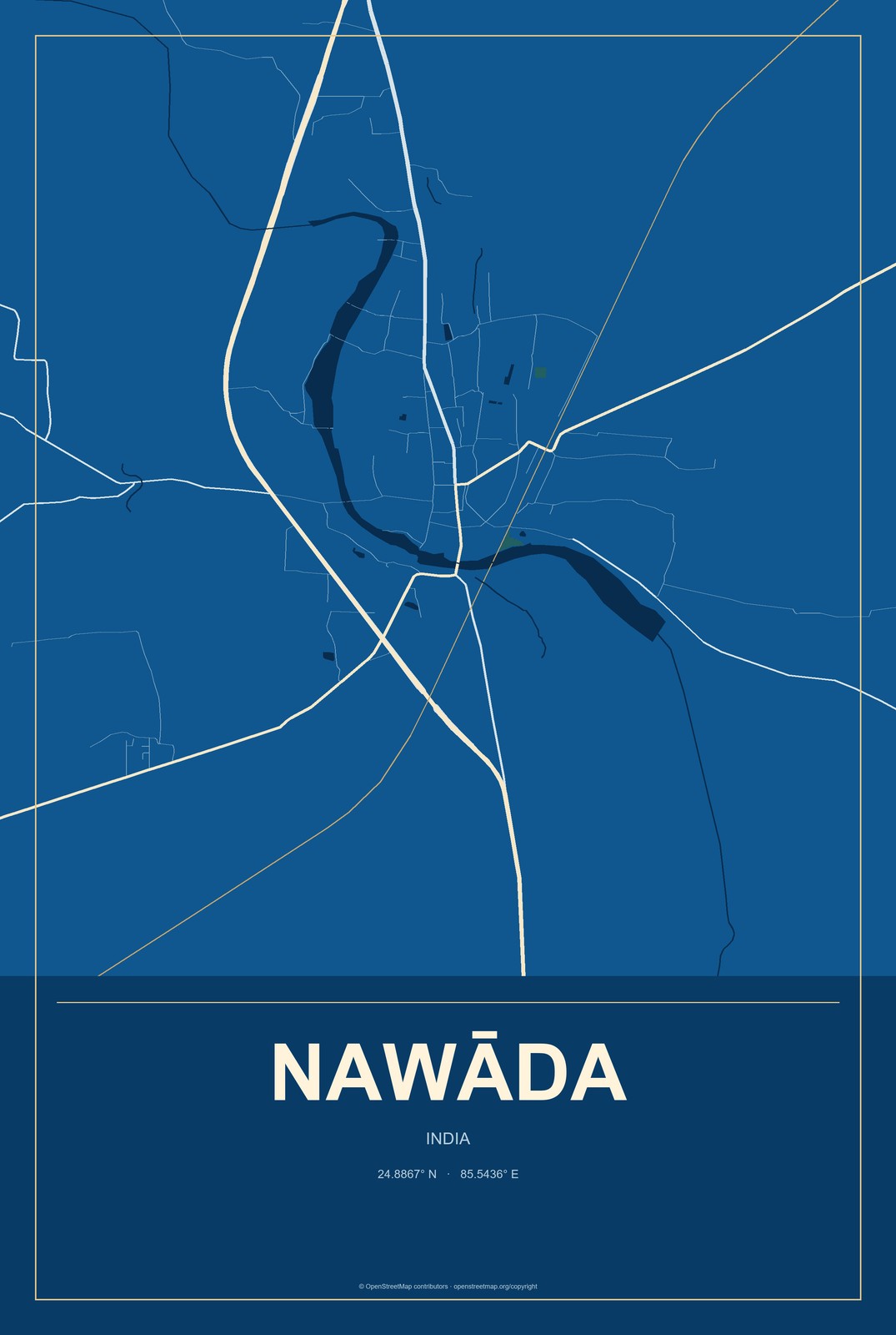 Nawāda, India City Map Aluminum Sign in Harbor Cobalt style