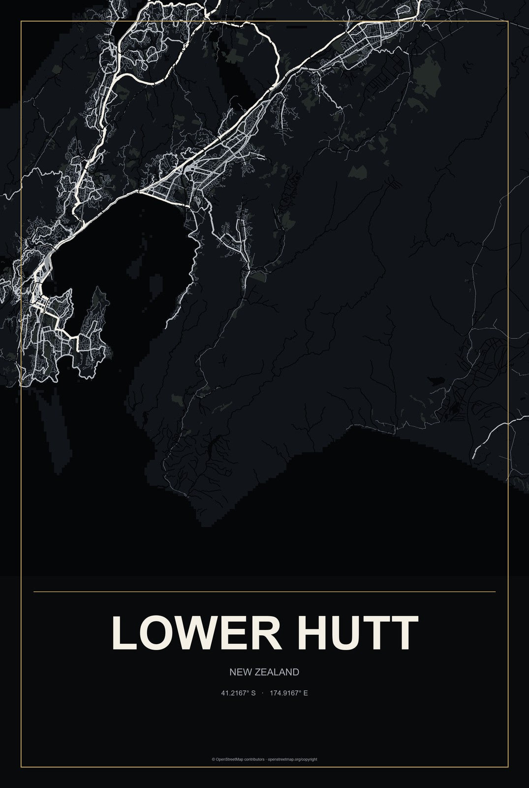 Lower Hutt, New Zealand City Map Aluminum Sign in Metropolitan Noir style